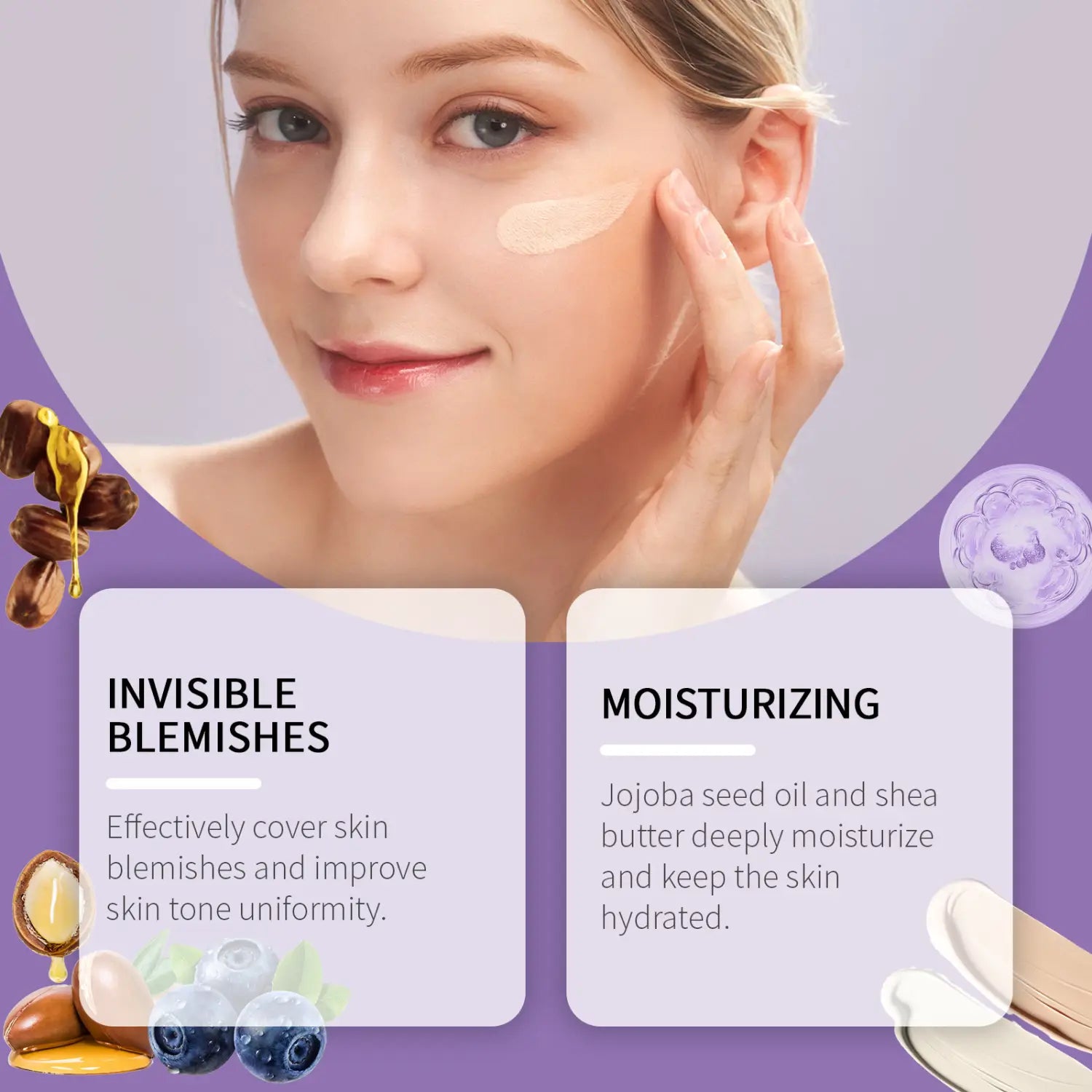 Une bb crème beige clair, crémeuse, flawless cover serum hydratante 50 g appliquée sur la joue, pour des imperfections invisibles et des bienfaits d’hydratation.