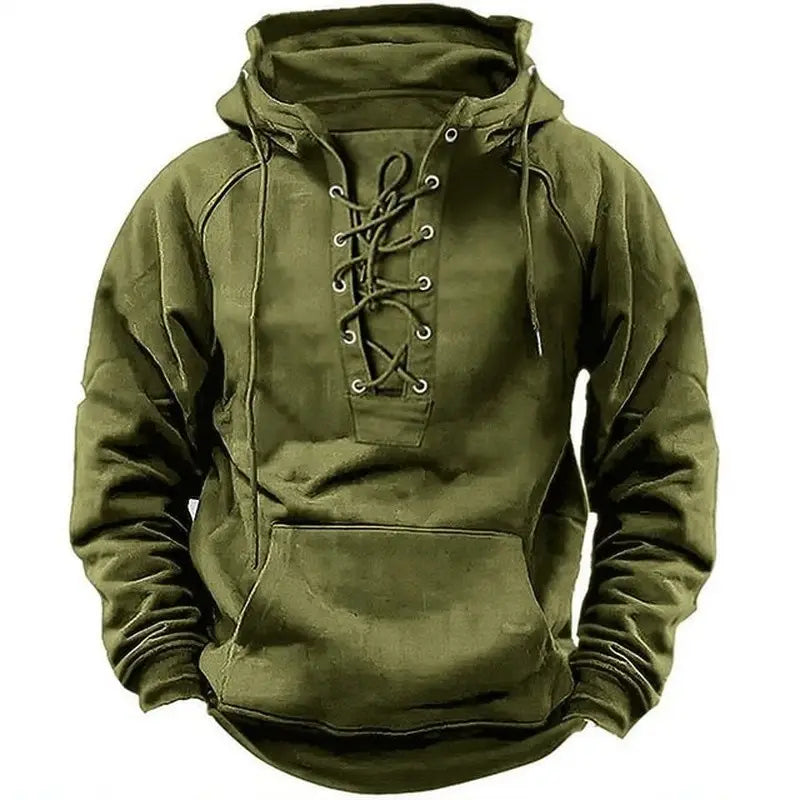 Men’s olive green cotton pullover hoodie with lace-up front and kangaroo pocket.