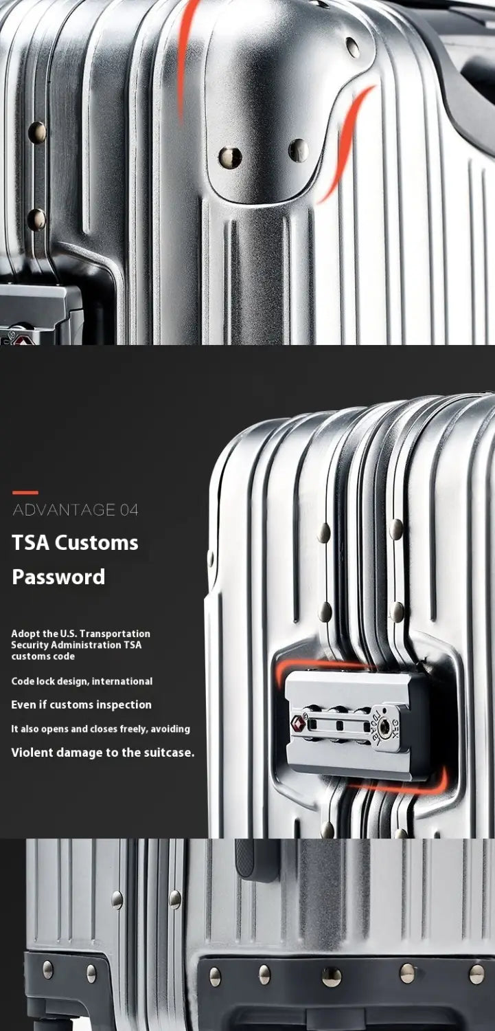 Silver aluminum magnesium luggage hardshell spinner suitcase with vertical ribbed texture and tsa-approved combination lock featuring orange accents.