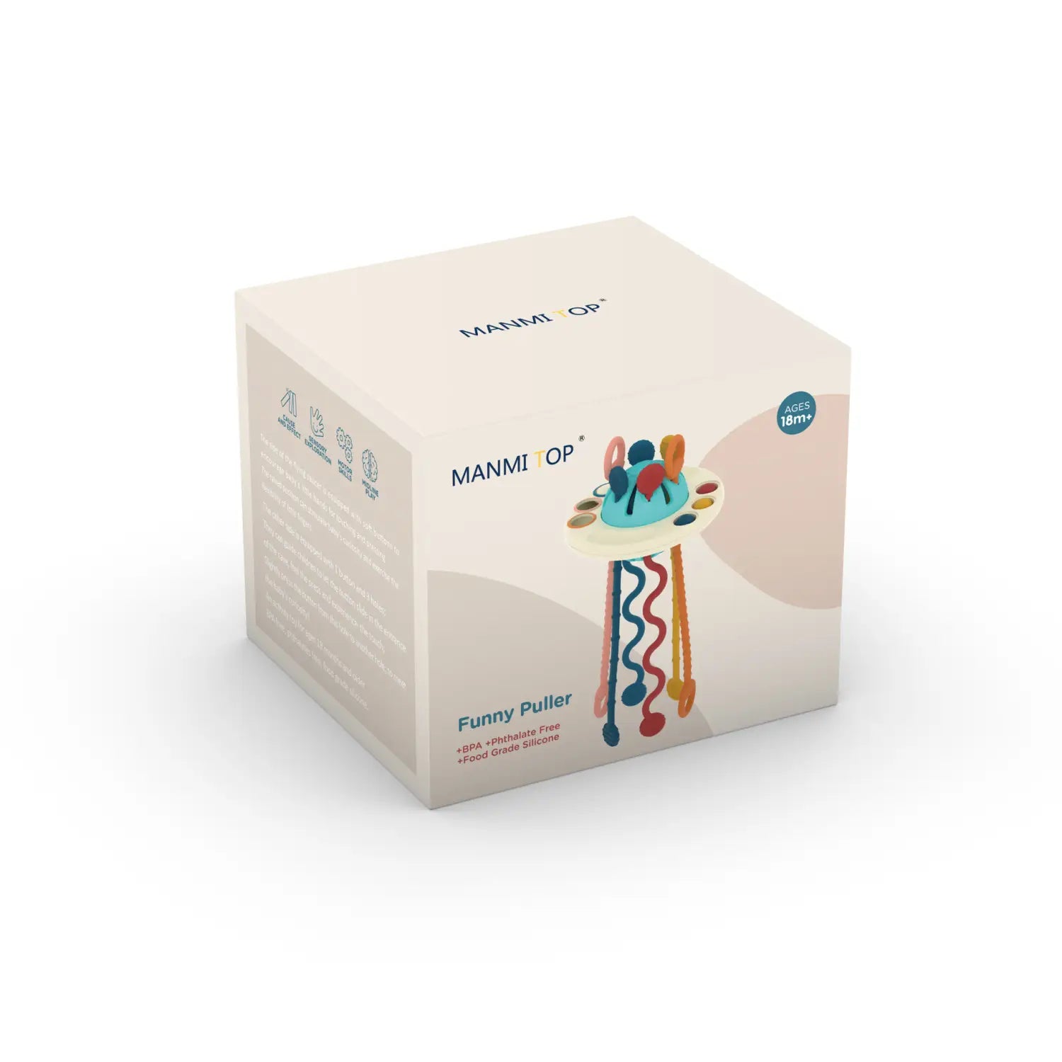 Juguete tirador divertido manmioop: juguete mordedor sensorial de silicona para bebé con cintas, que presenta un diseño colorido de medusa y tentáculos de silicona vibrantes azules y multicolores.