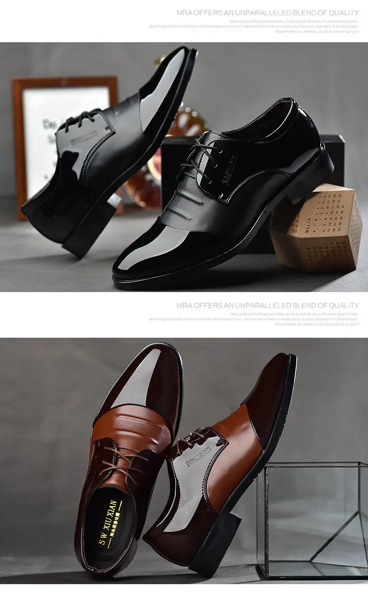Schwarz-braune zweifarbige Lederschnürschuhe für Herren mit glanzvoller Oberfläche und spitzer Kappe im britischen Stil
