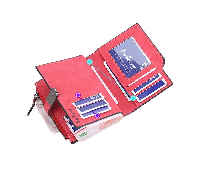 Red leather women’s short faux leather multi slot wallet featuring multiple card slots and a zipper compartment.