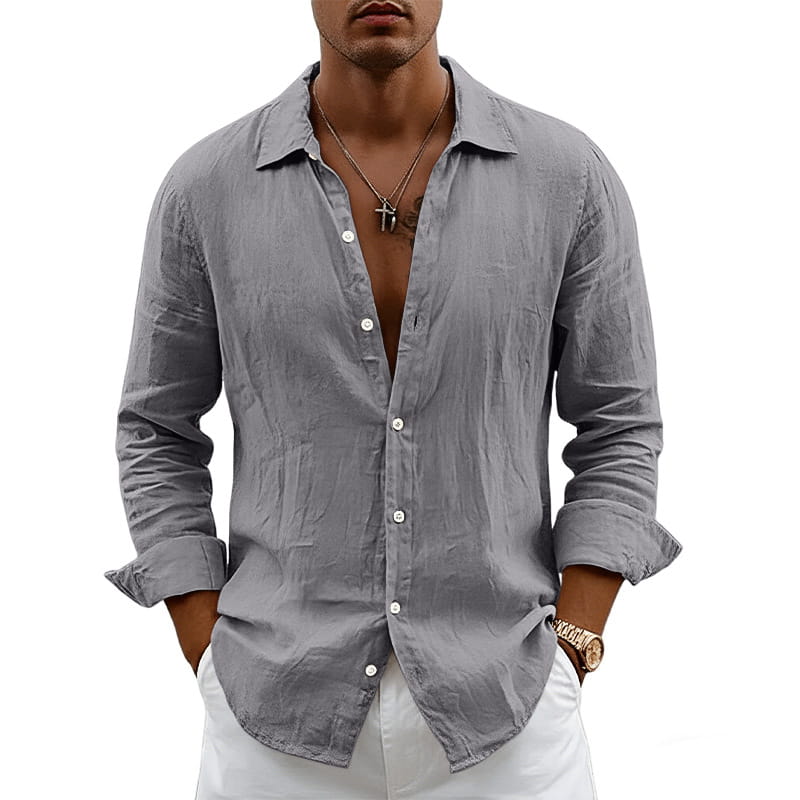 Men’s slim fit casual gray linen blend button-down shirt with rolled-up sleeves and white buttons.