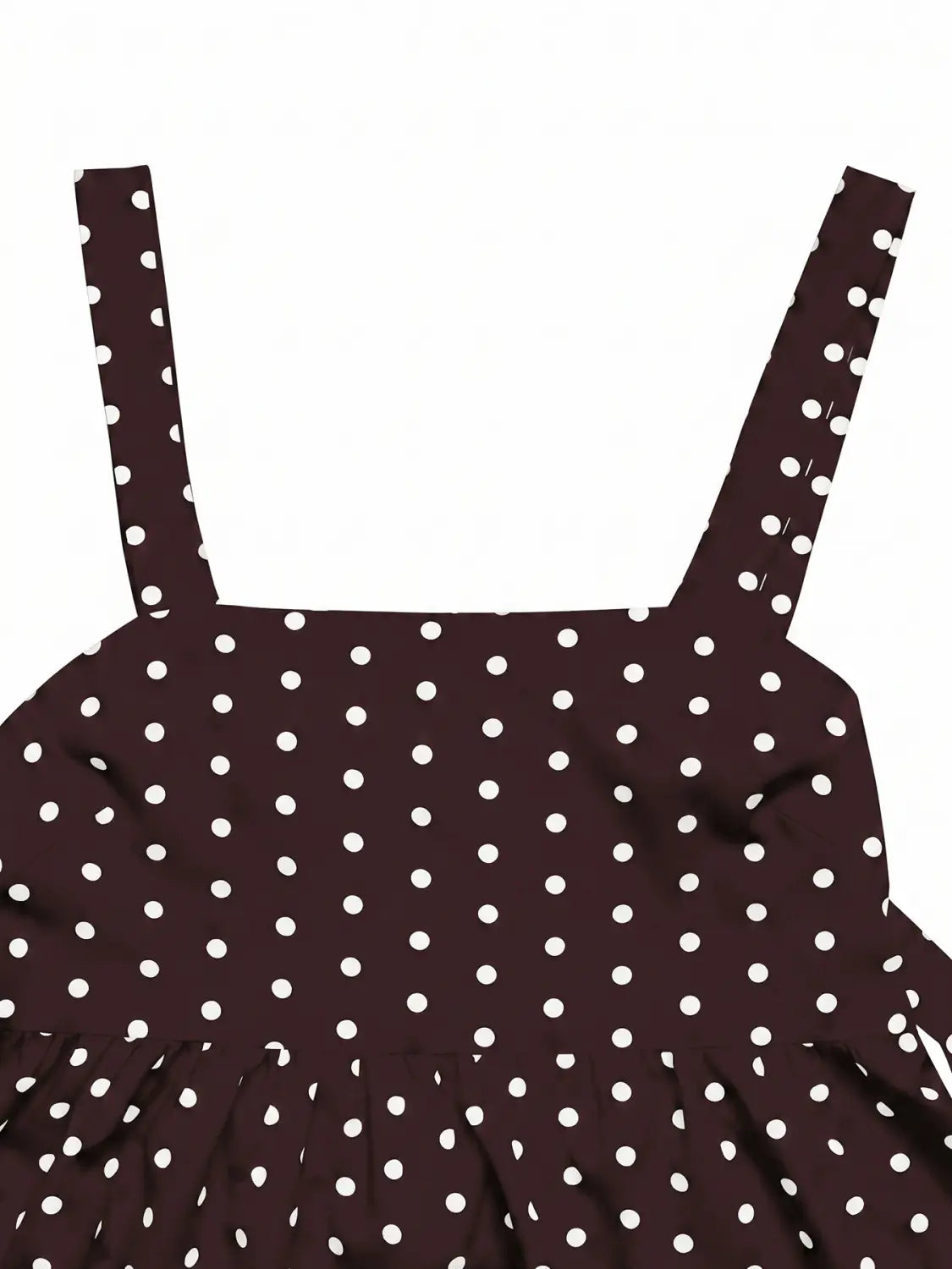 brown polka dot peplum camisole featuring white dots, sleeveless design, and a ruffled hem.