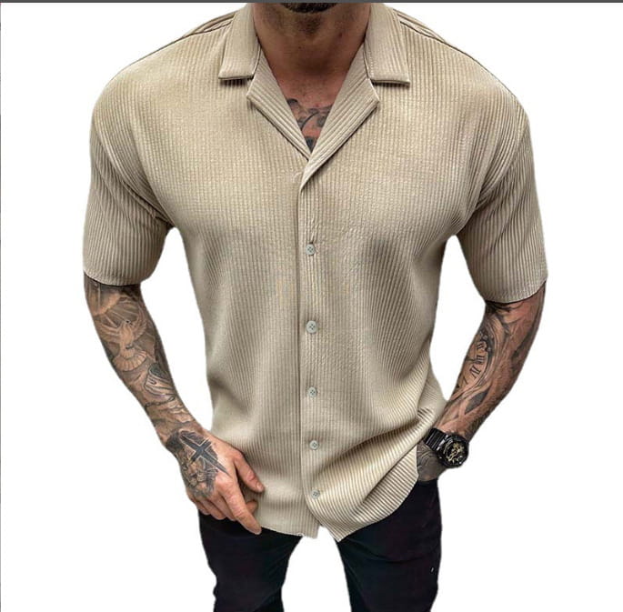 Beige ribbed knit short sleeve button up shirt with collar for men.
