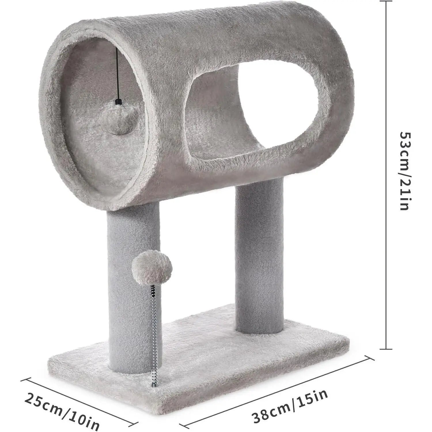 Gray plush cat tree with tunnel, two vertical scratching posts, and dangling pom-pom toys for cat activity and play.