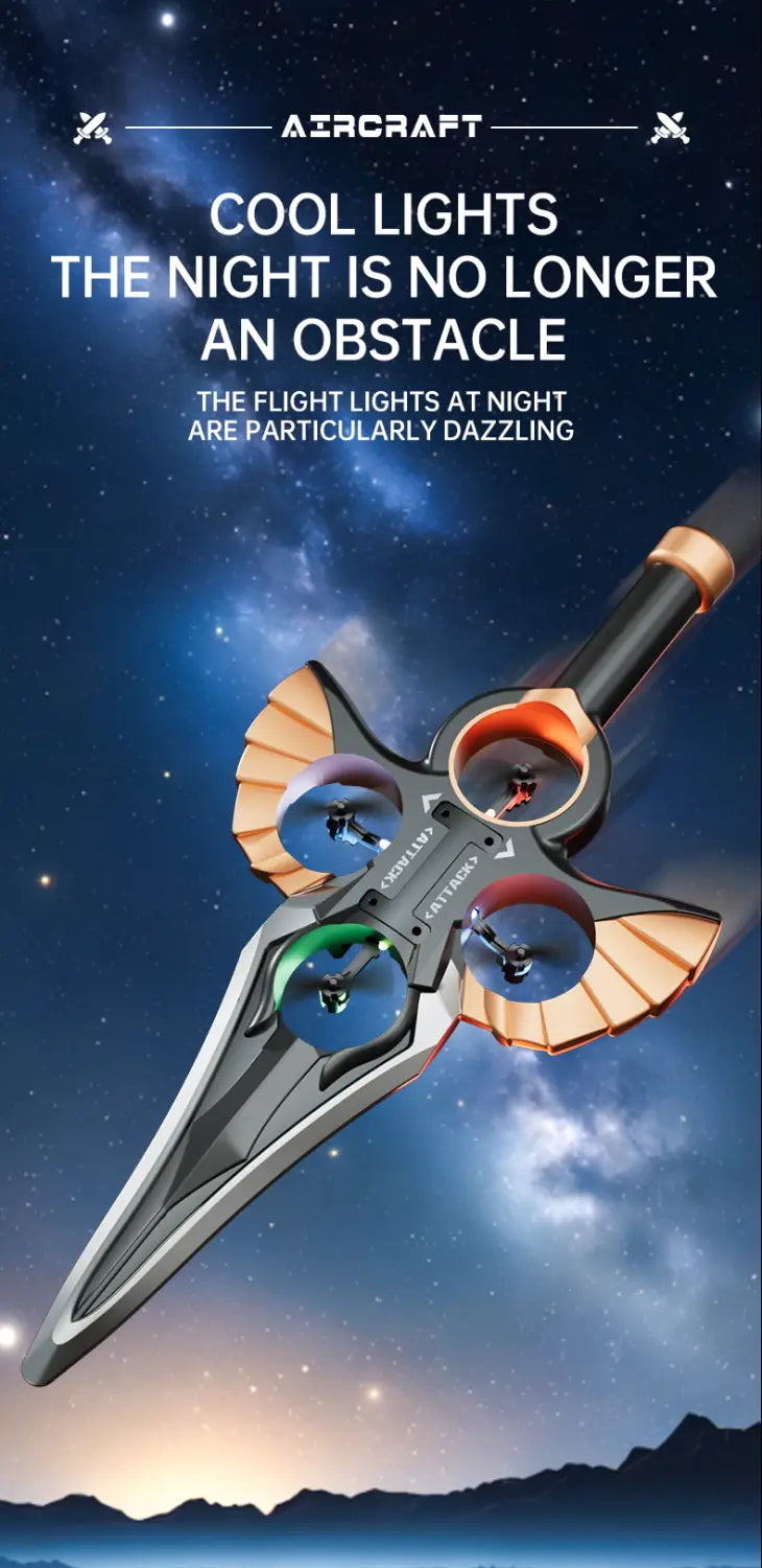 A sleek futuristic flying sword drone with a metallic silver body and orange wing-like extensions designed as a robot battery kids toy.