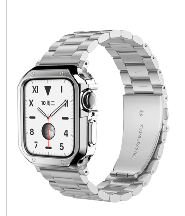 premium stainless steel apple watch band with tpu case in silver featuring a white dial with roman numerals
