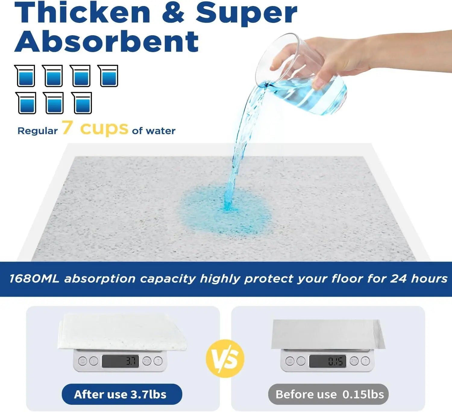 A white thick super absorbent charcoal pet training floor mat designed to soak up 7 cups of water and weigh 3.7 lbs after use for extended protection in a 50-pack.