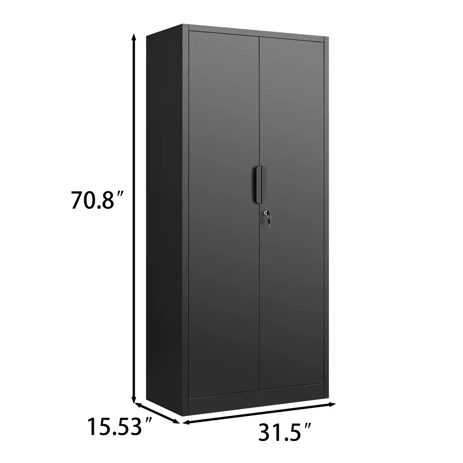 black metal two-door filing cabinet with sleek modern design and key-secured locking doors in a 70 inch steel locking file cabinet with four shelves