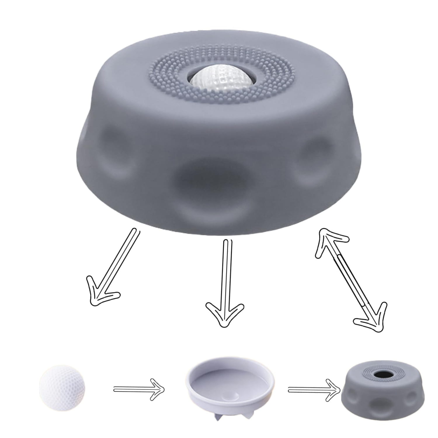 Grauer Silikon-Golfsball-Tee mit strukturierter Griffzone und zentraler Öffnung zur einfachen Aufnahme, ausgelegt für die Verwendung mit einem Hundelecknapf mit rollender Kugel als Slow-Feeder.