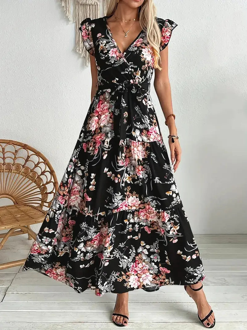 Robe longue maxi noire à encolure en V, à volants, ornée de fleurs roses et blanches, avec des manches courtes bouffantes et une taille ceinturée.