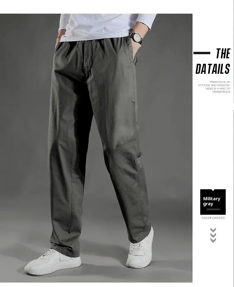 Men’s Japanese style cotton straight leg workwear pants in military gray with a relaxed fit and visible side pockets.