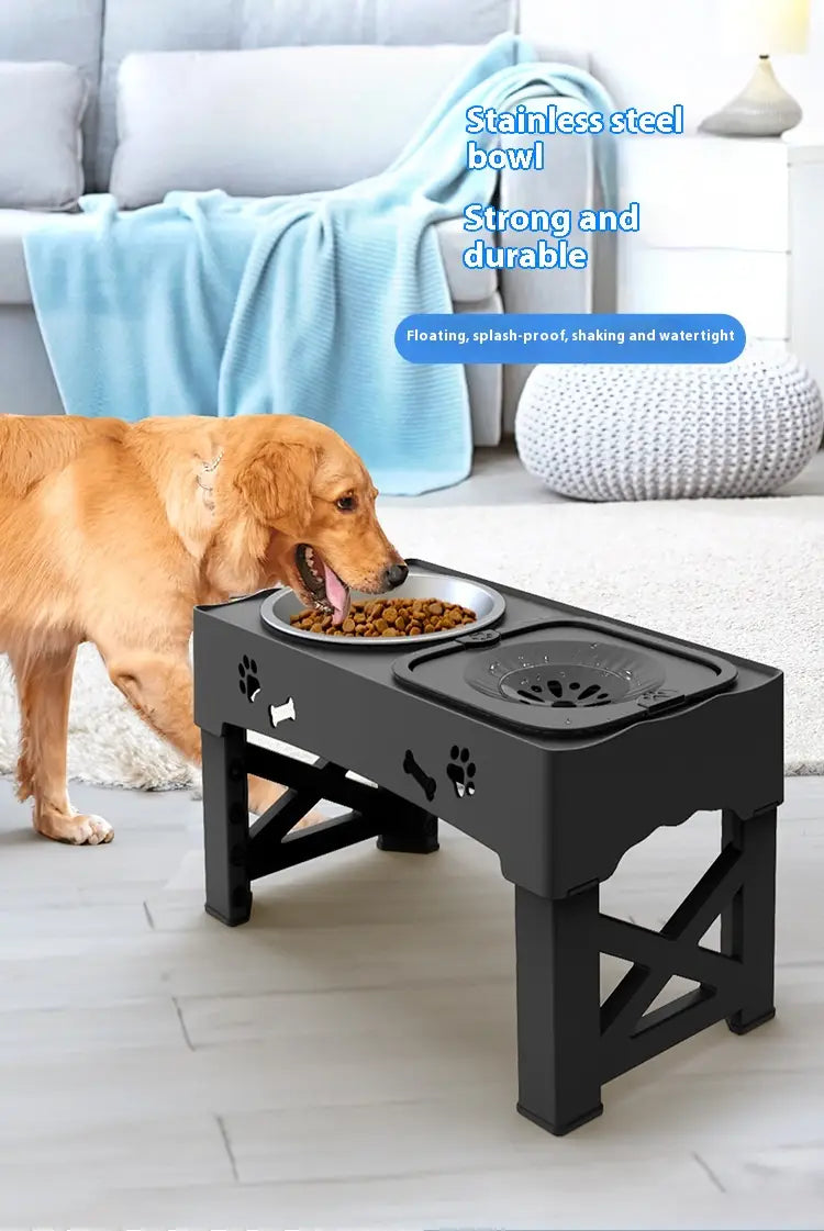 Bol d’alimentation pour animaux réglable double en acier inoxydable noir, avec découpes en forme de patte et d’os sur la station d’alimentation.