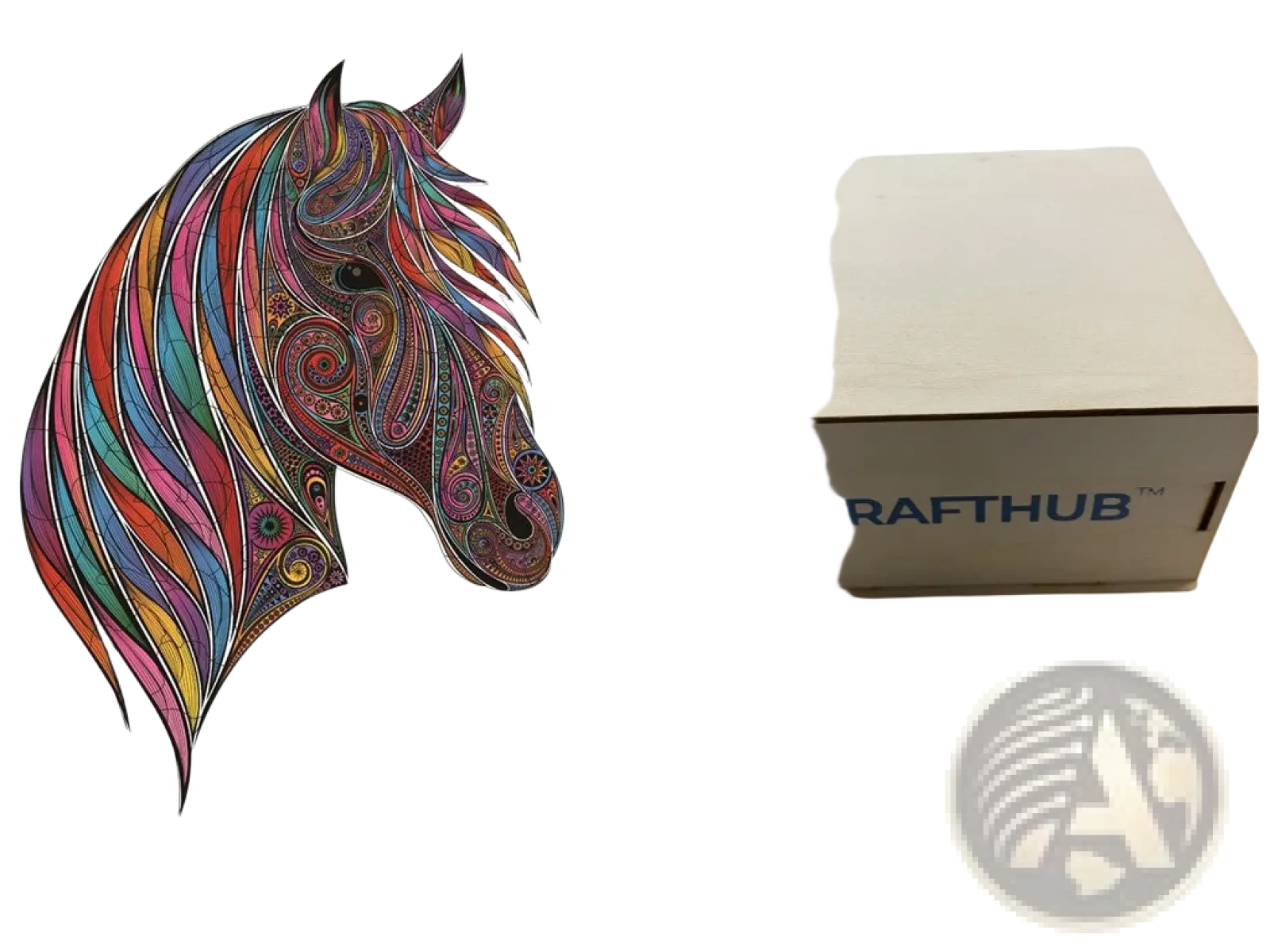 Colorful intricately patterned horse head design on a white background in an a3 animal puzzle craft hub zodiac art