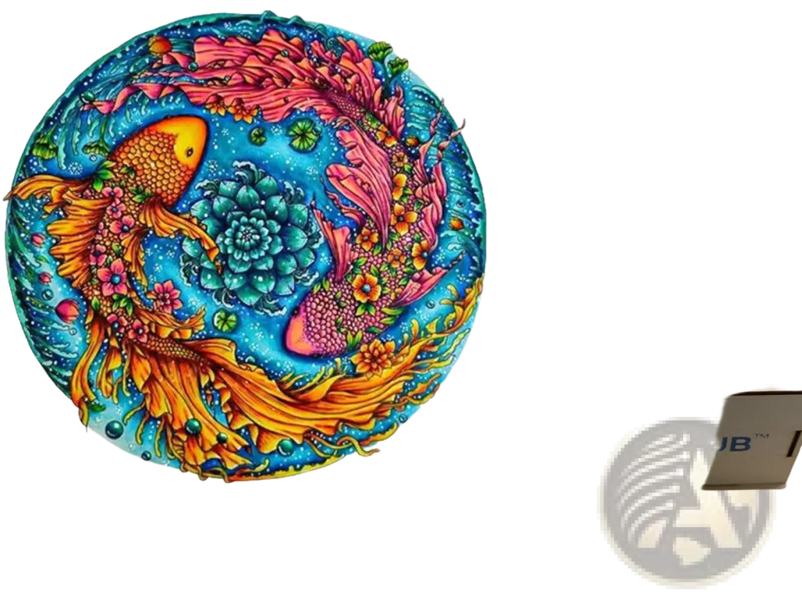 A3 animal puzzle craft hub featuring vibrant circular artwork of detailed goldfish with coral patterns on turquoise background
