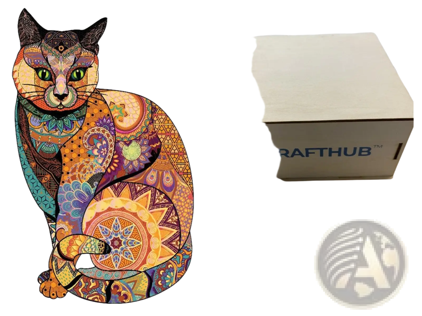 A3 animal puzzle featuring a vibrant cat illustration with bold green eyes and orange purple blue mandala patterns