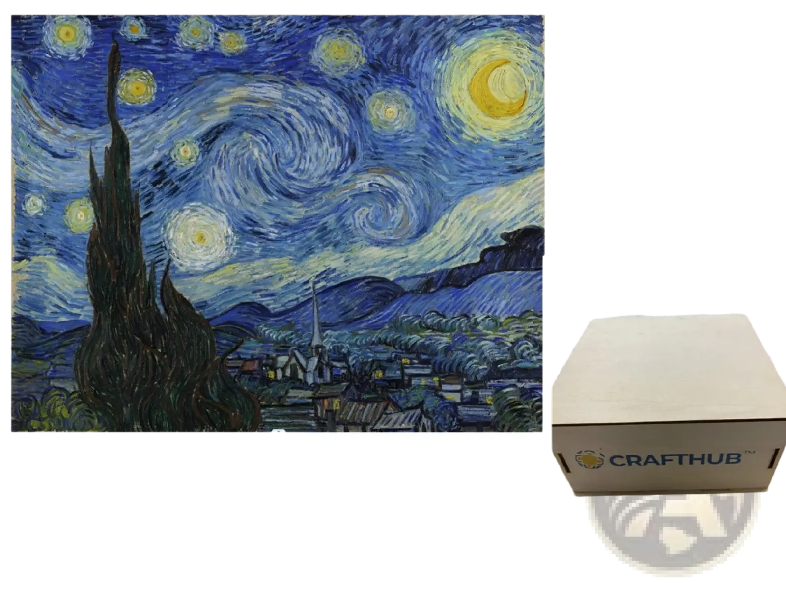 A beige cardboard box with crafthub logo containing an A3 animal puzzle craft hub zodiac and psychedelic art kit