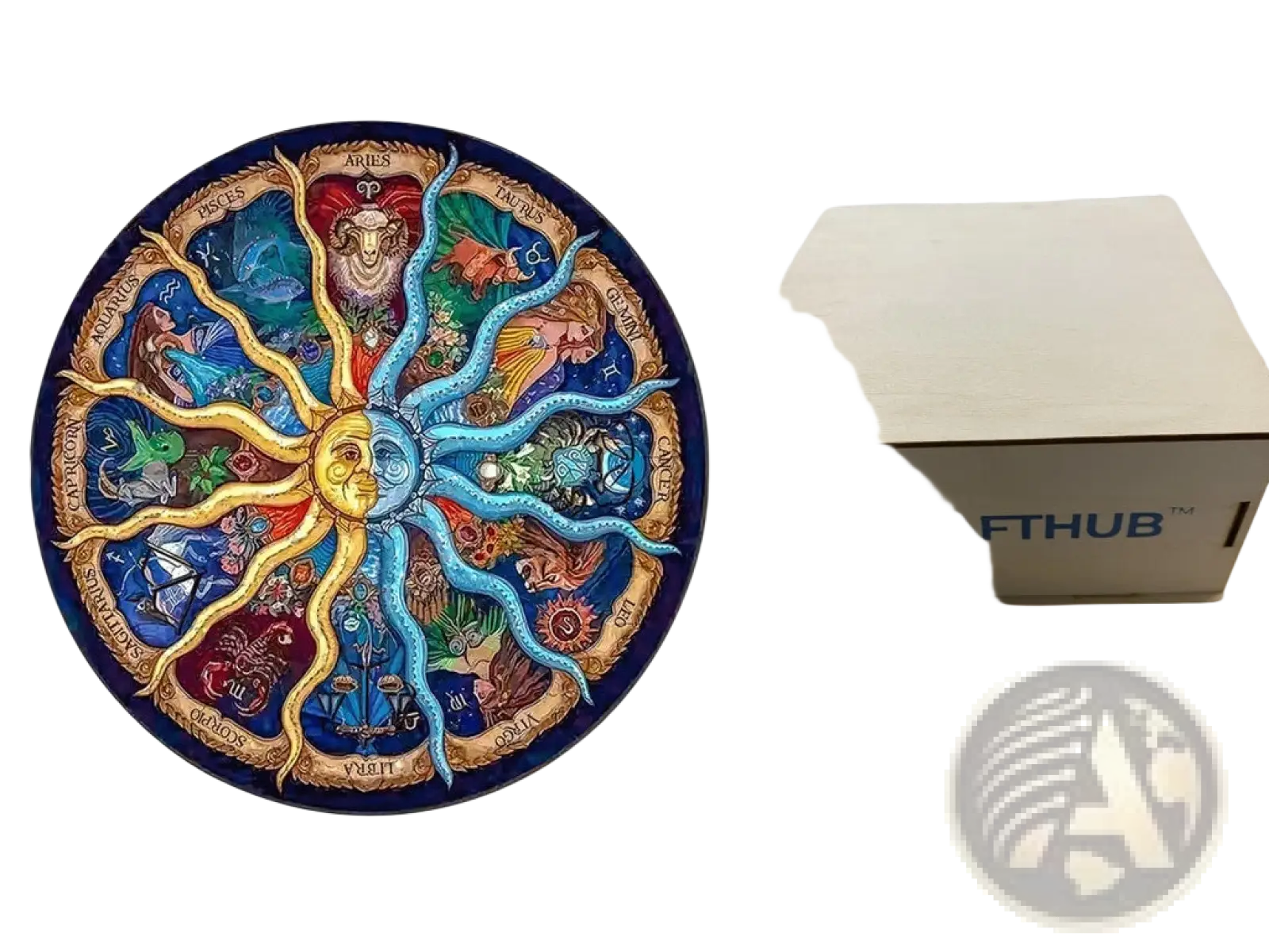 Vibrant zodiac-themed circular decorative plate with twelve signs golden and blue sun and moon motifs on dark background