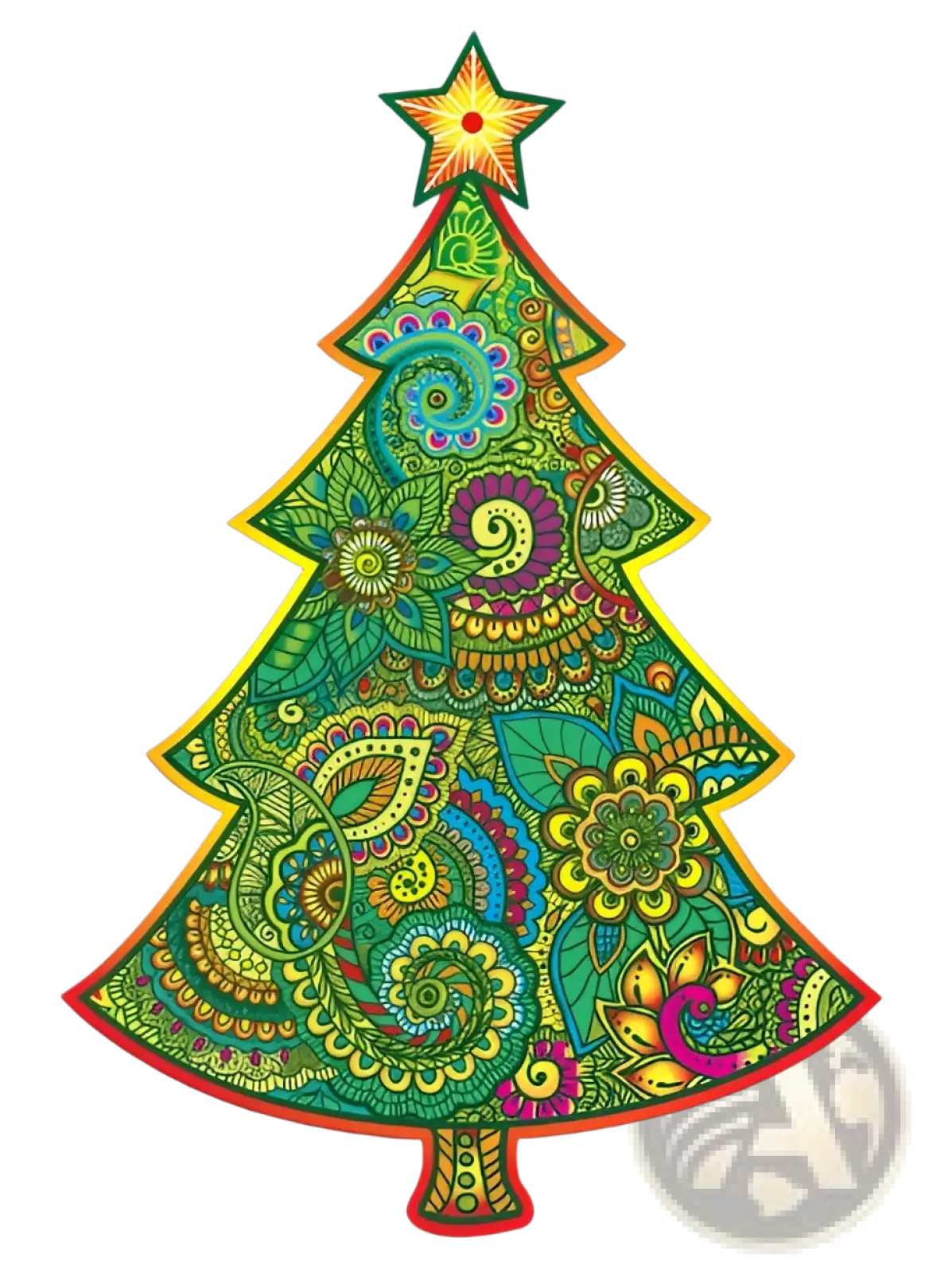 A3 animal puzzle craft hub featuring a vibrant christmas tree with paisley floral patterns in green yellow purple and teal