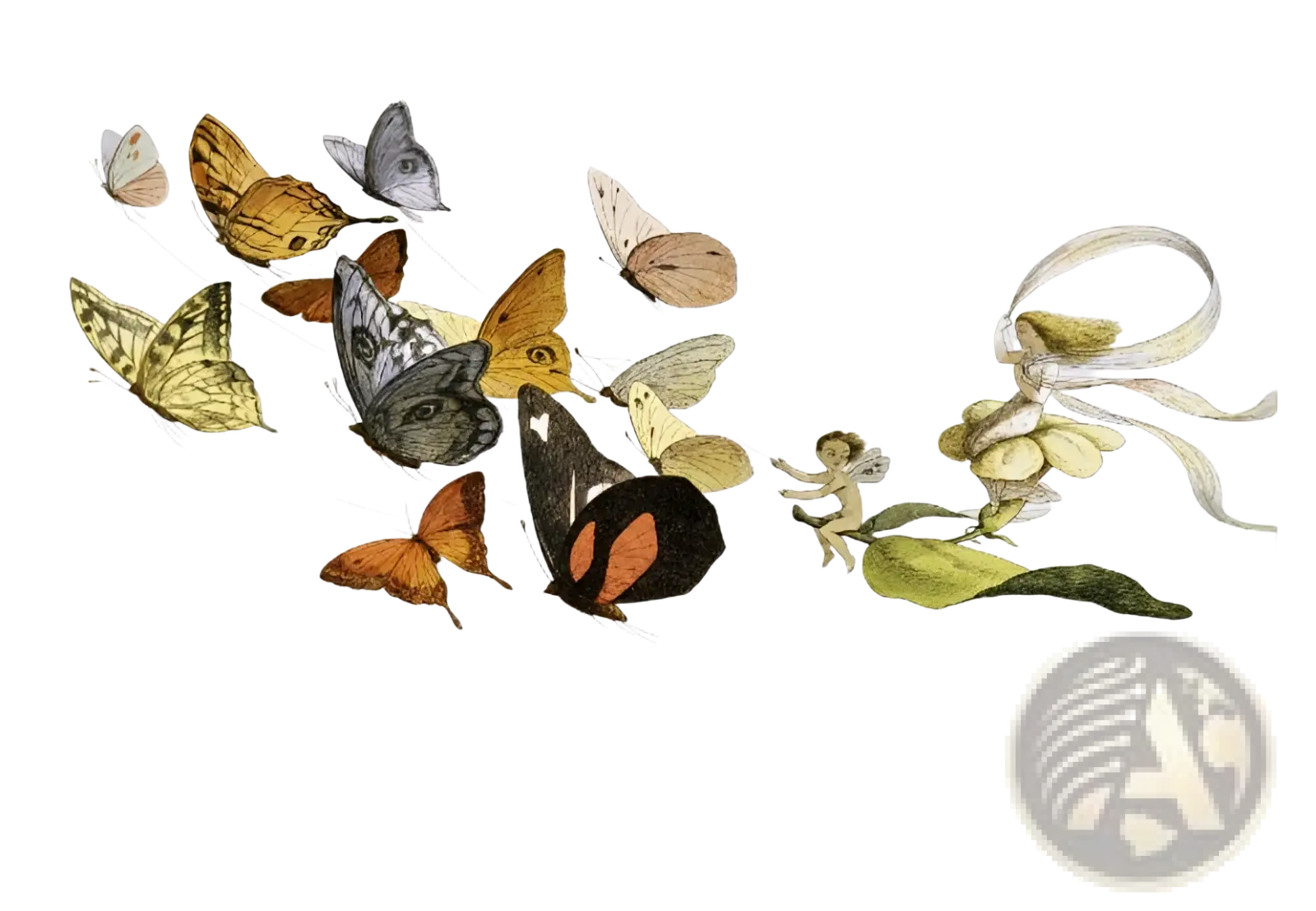 A3 animal puzzle craft hub featuring a whimsical vintage illustration of colorful butterflies and fairies in flight