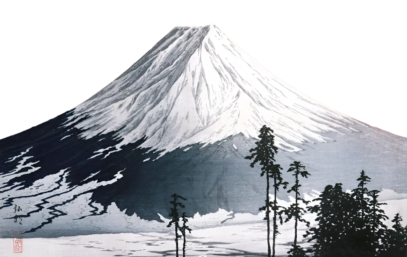 A3 animal puzzle featuring snow-capped mount fuji in traditional japanese woodblock style with orange and blue sky gradients