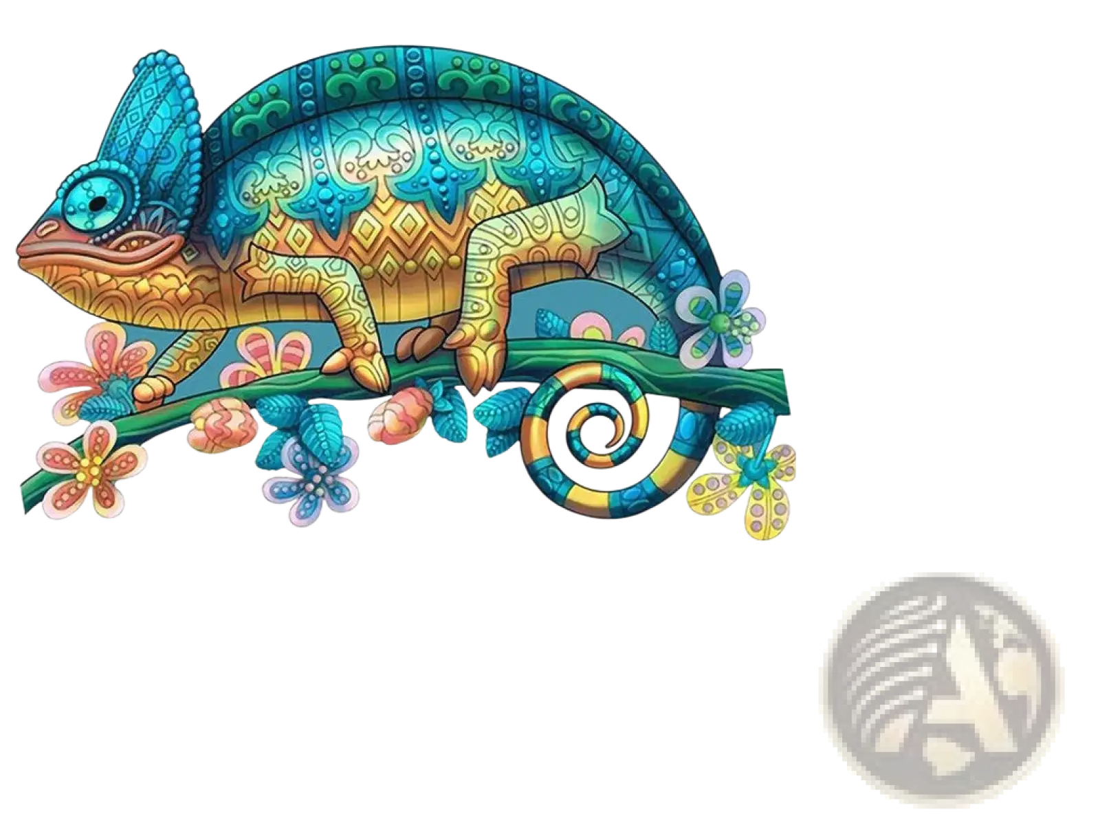 A3 animal puzzle craft hub featuring a vibrant turquoise and gold intricately patterned chameleon with floral accents