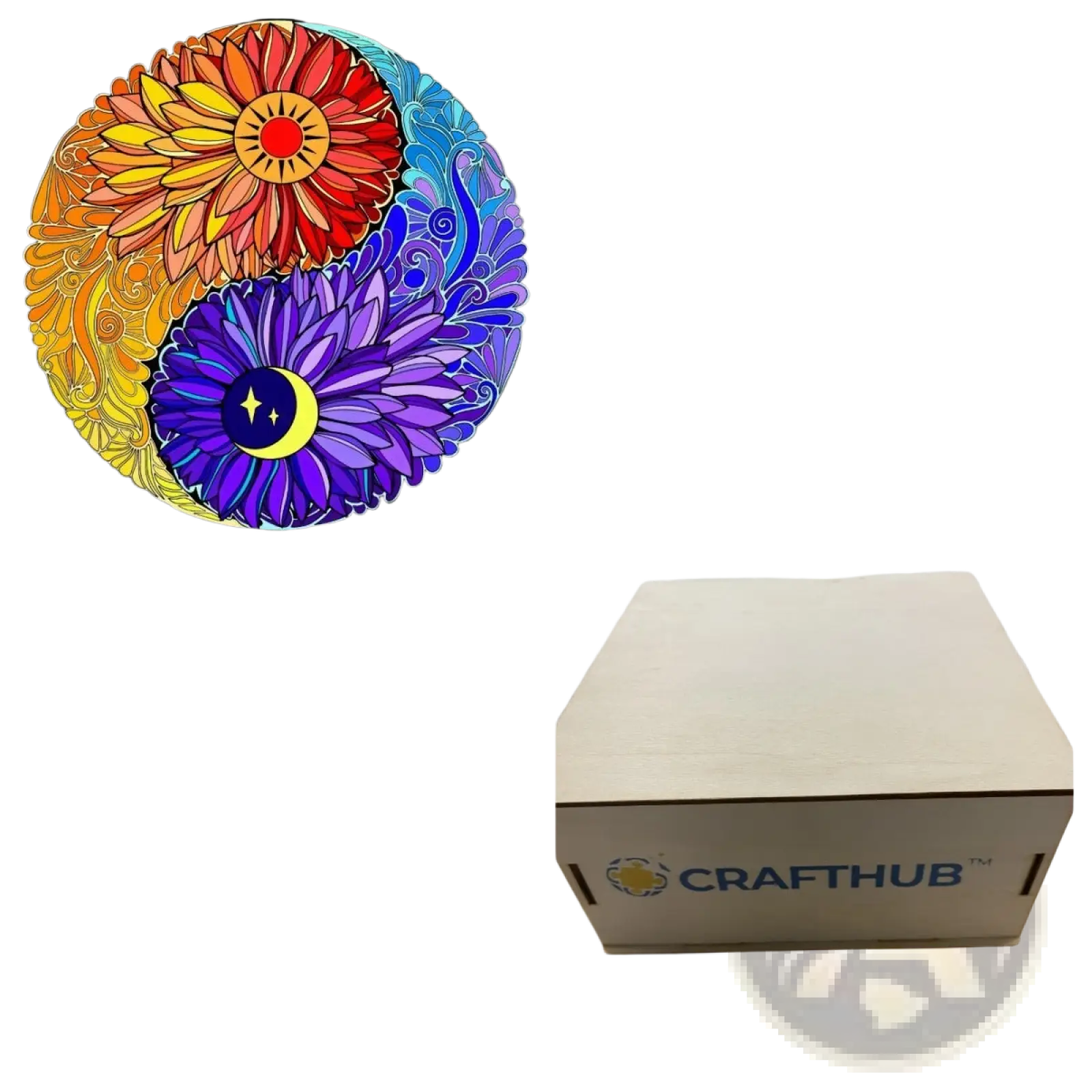 The a3 animal puzzle craft hub zodiac features a vibrant yin-yang sun and moon design with a plain beige cardboard box packaging
