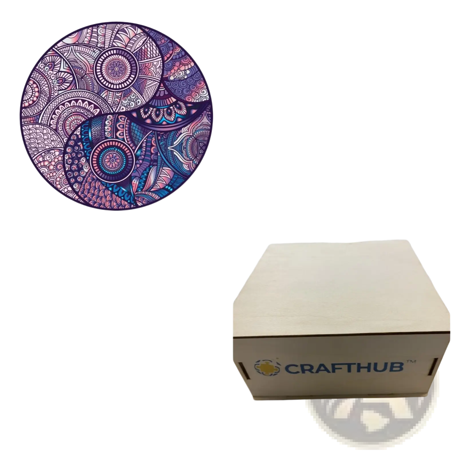 A circular mousepad from a3 animal puzzle craft hub featuring a purple and blue symmetrical mandala design