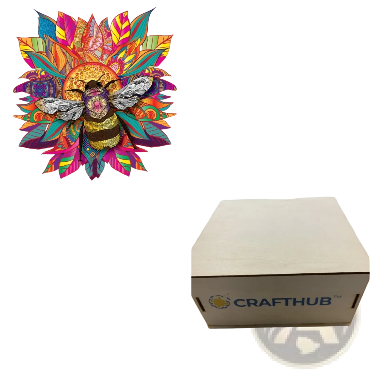 Vibrant intricately patterned bee figurine with metallic wings and golden body on colorful mandala for zodiac art puzzle