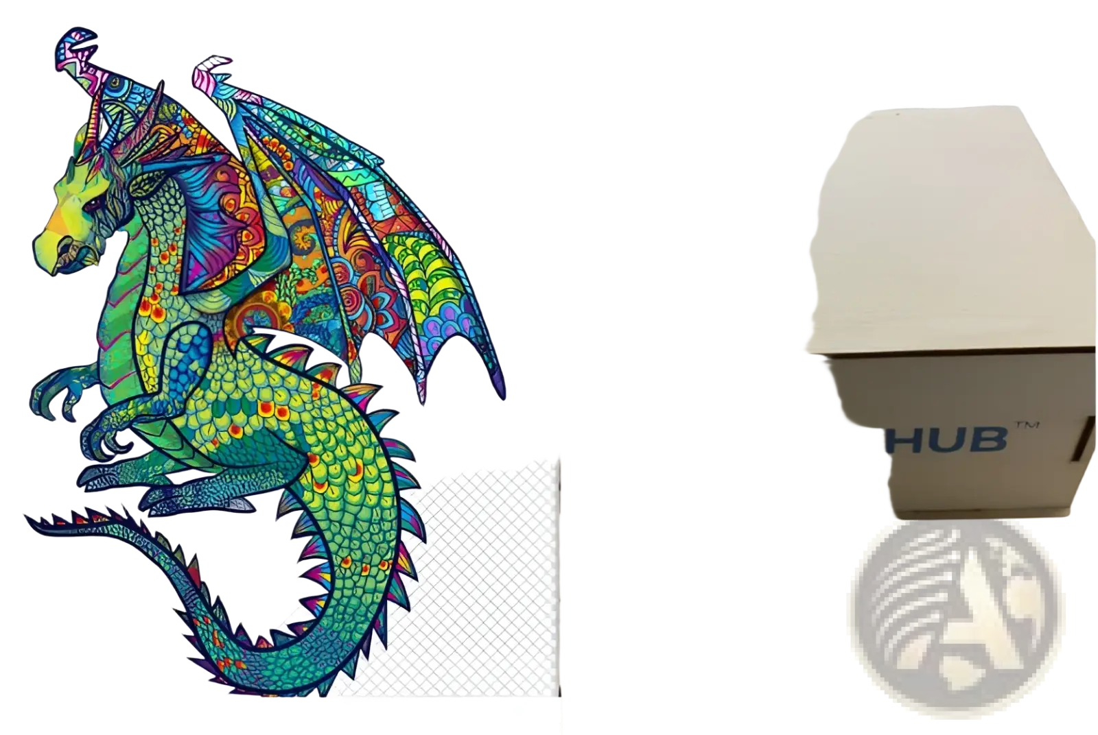 A3 animal puzzle craft hub featuring a vibrant dragon with multicolored scales and intricate zodiac patterns
