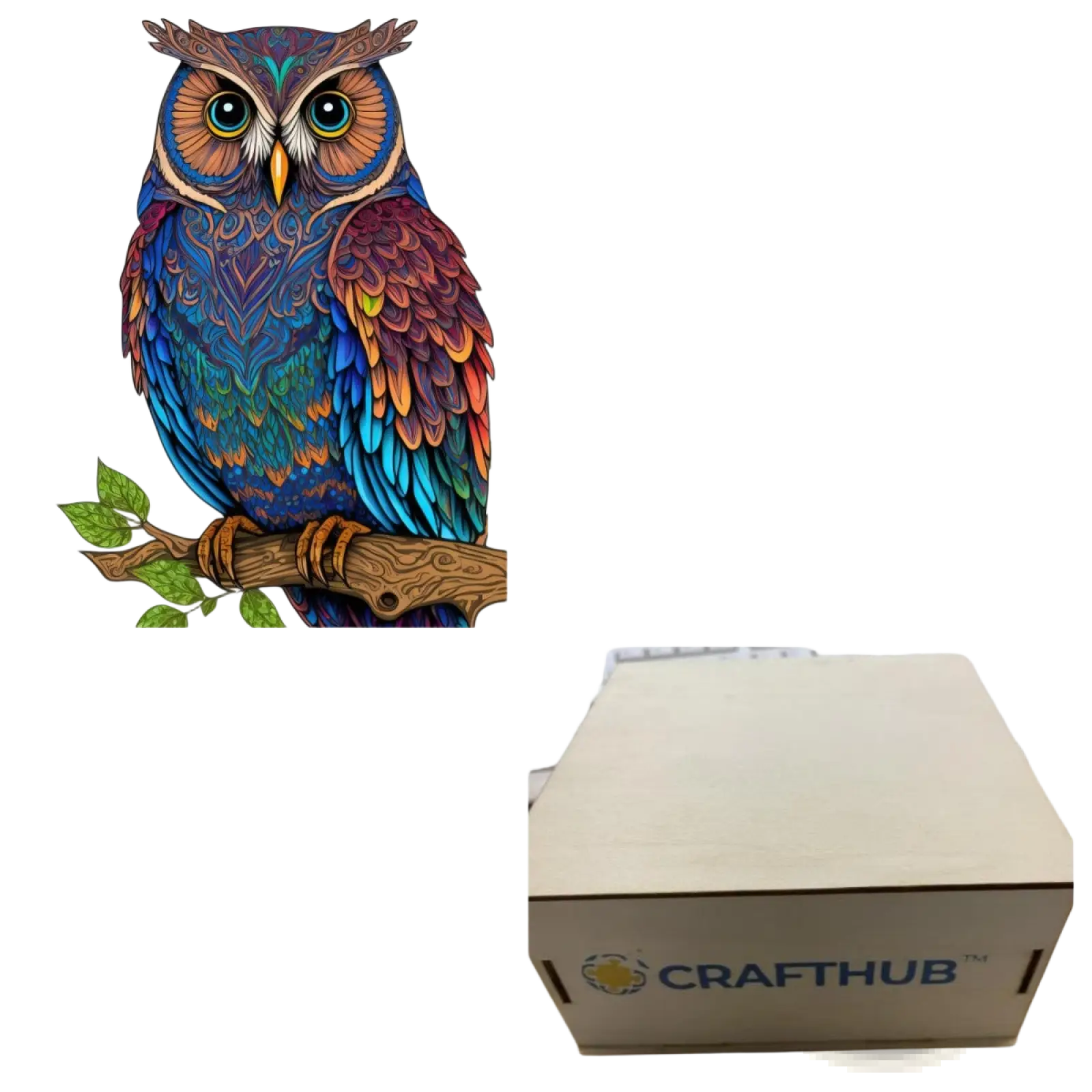 A3 animal puzzle craft hub featuring a vibrantly colored owl illustration with intricate blue teal orange and brown feathers