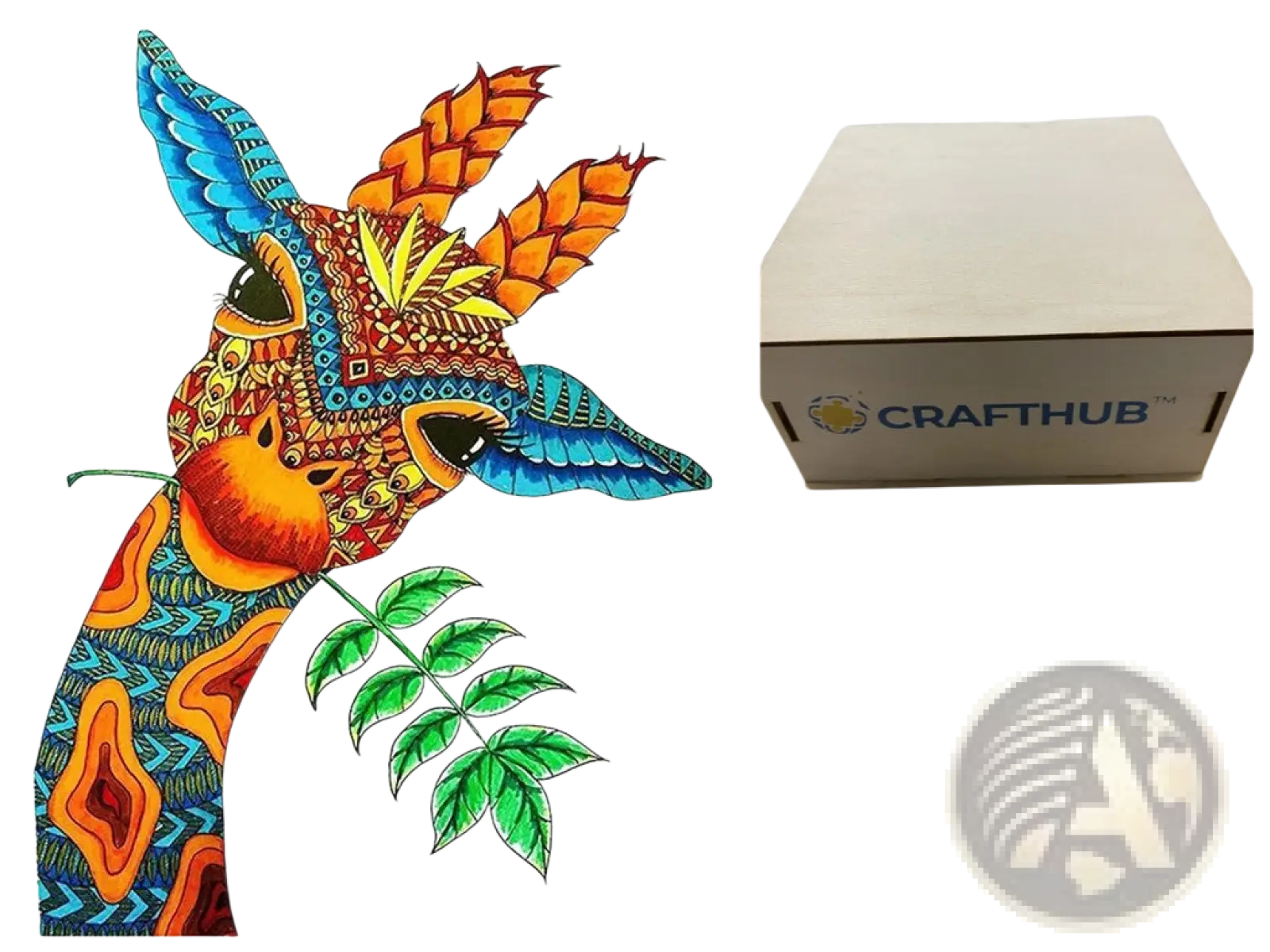 A3 animal puzzle craft hub featuring a vibrantly colored giraffe illustration with blue wings and orange leafy horns