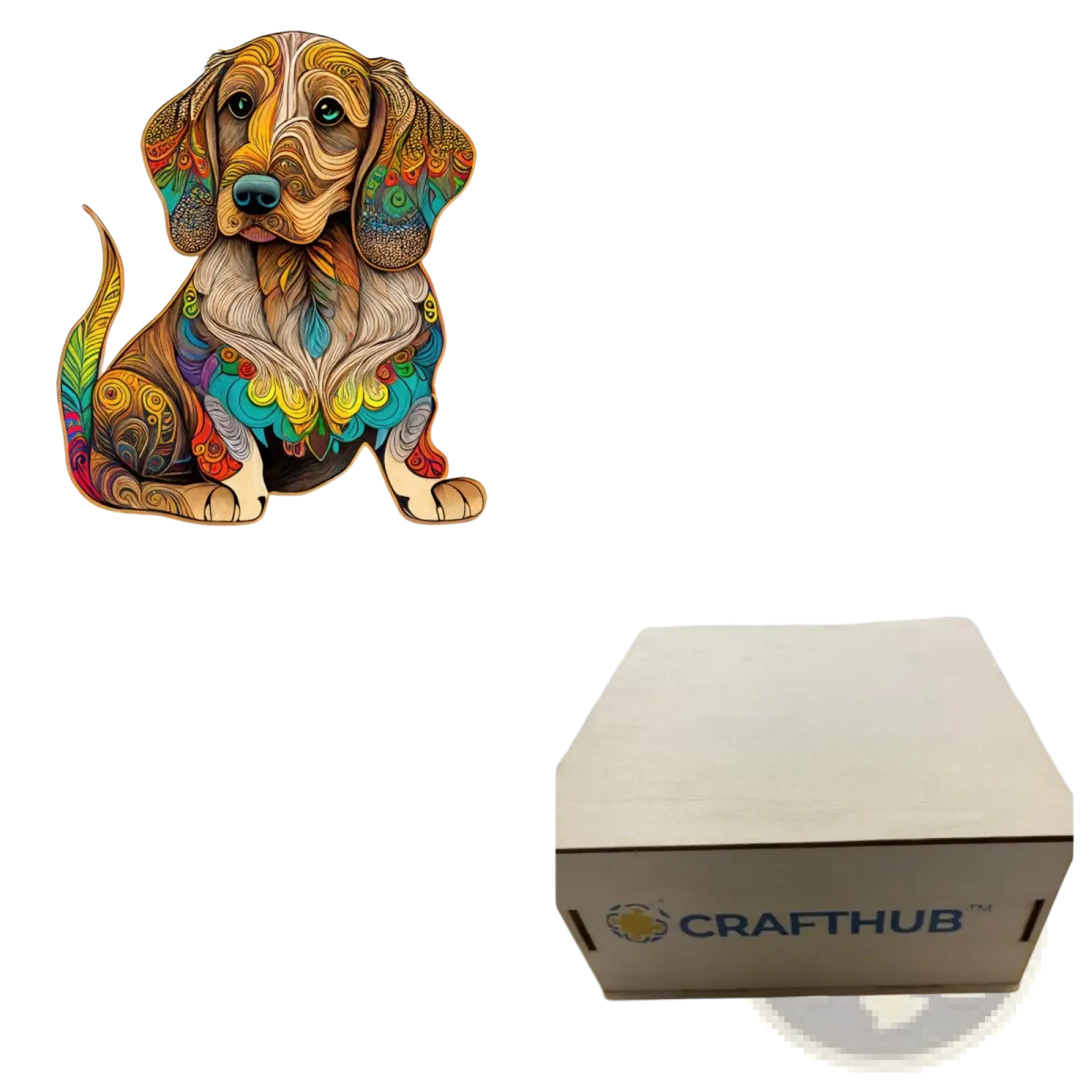 Colorful intricately patterned wooden dog puzzle piece from a3 animal puzzle craft hub zodiac and psychedelic art series