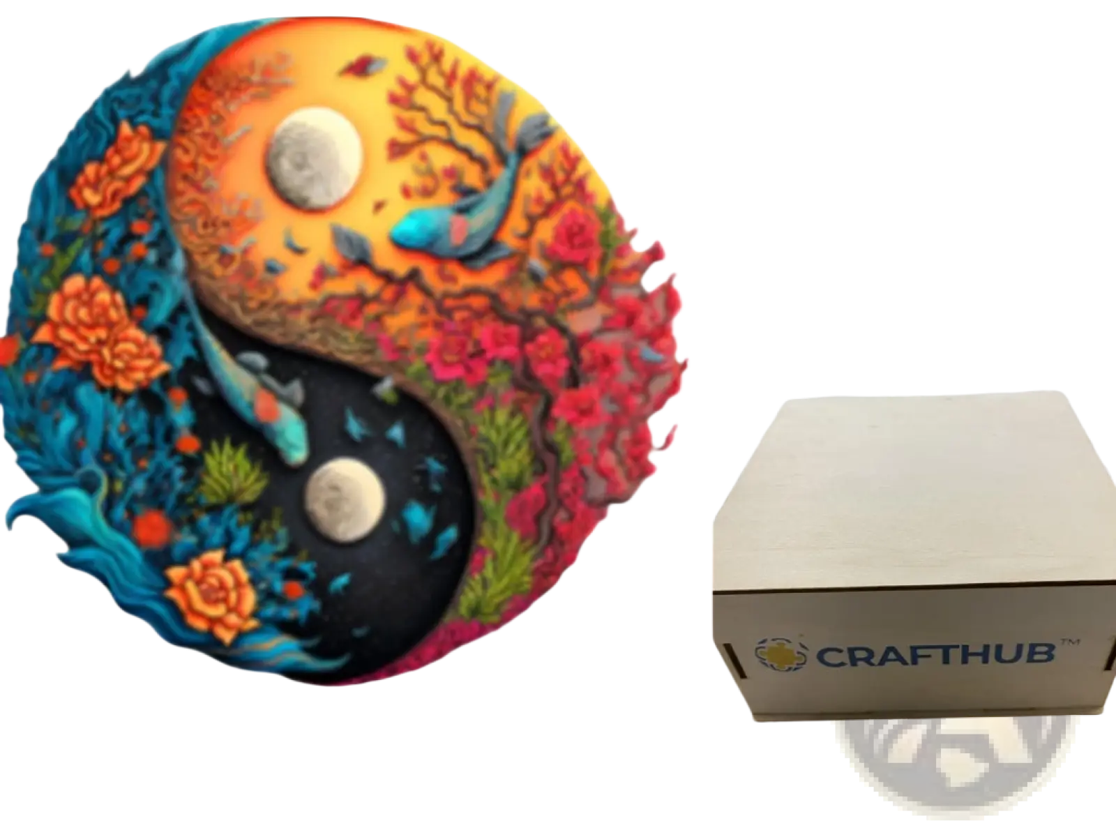 Vibrant a3 animal puzzle craft hub zodiac and psychedelic art sculpture featuring dual-toned orange and blue yin-yang with floral and fish motifs