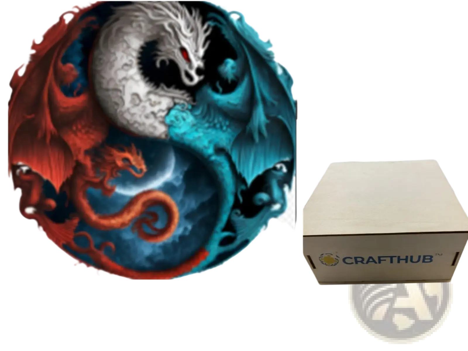 A3 animal puzzle featuring red and blue yin-yang dragons and a beige wooden crafthub storage box with logo