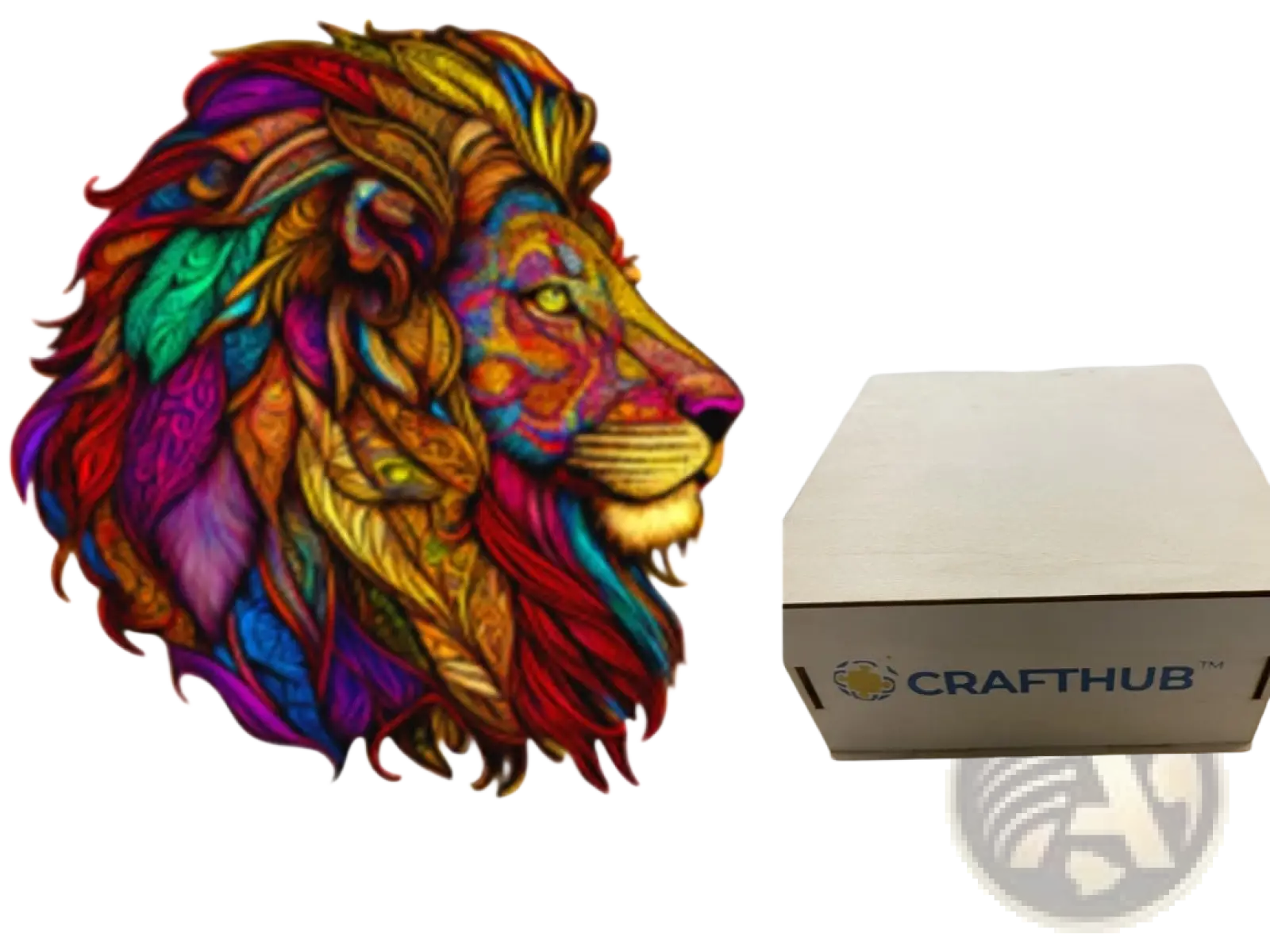 A3 animal puzzle featuring a vibrant multicolored lion head with intricate feather-like mane design in psychedelic art style