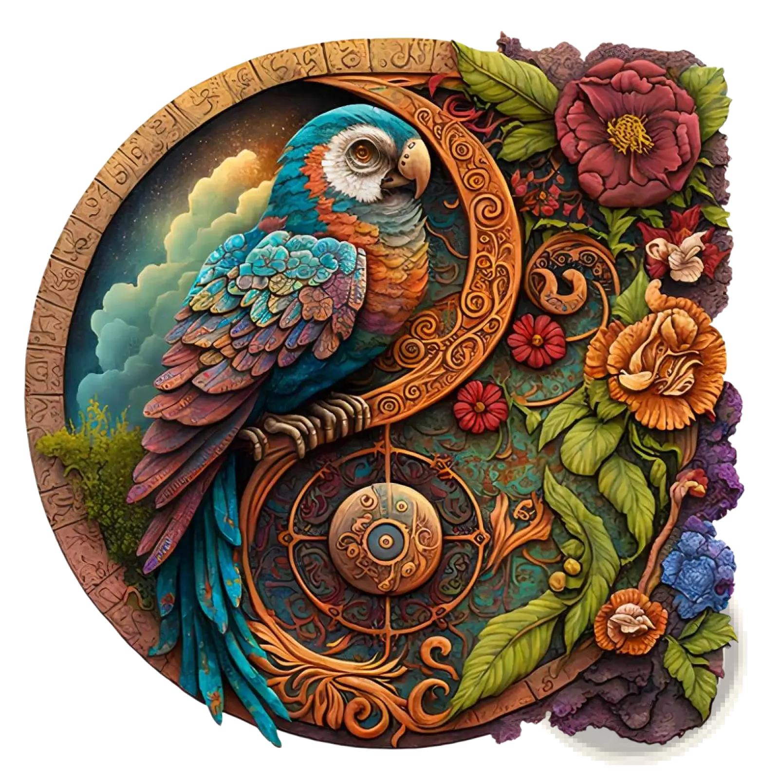 A3 animal puzzle craft hub featuring a vibrant parrot with iridescent blue teal orange and purple feathers in an ornate floral frame