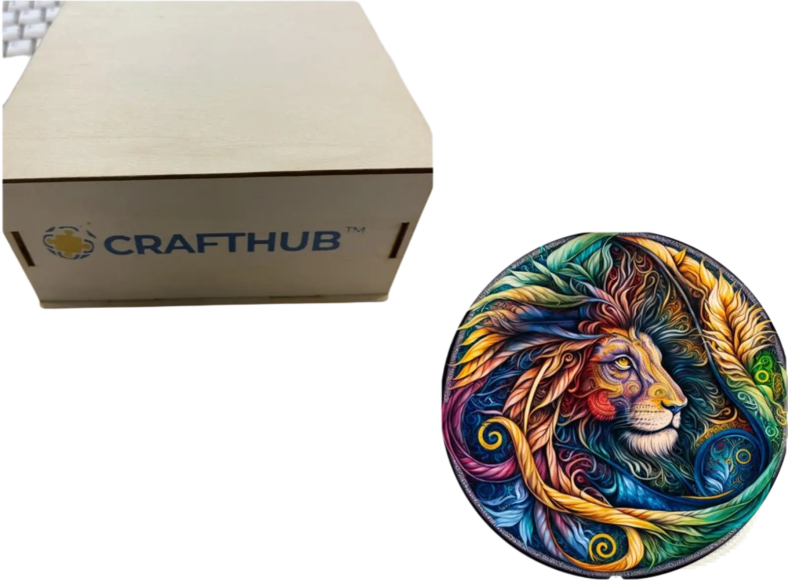 Vibrant circular lion portrait coaster with intricate feather and swirl designs in rainbow hues from a3 animal puzzle craft hub zodiac and psychedelic art