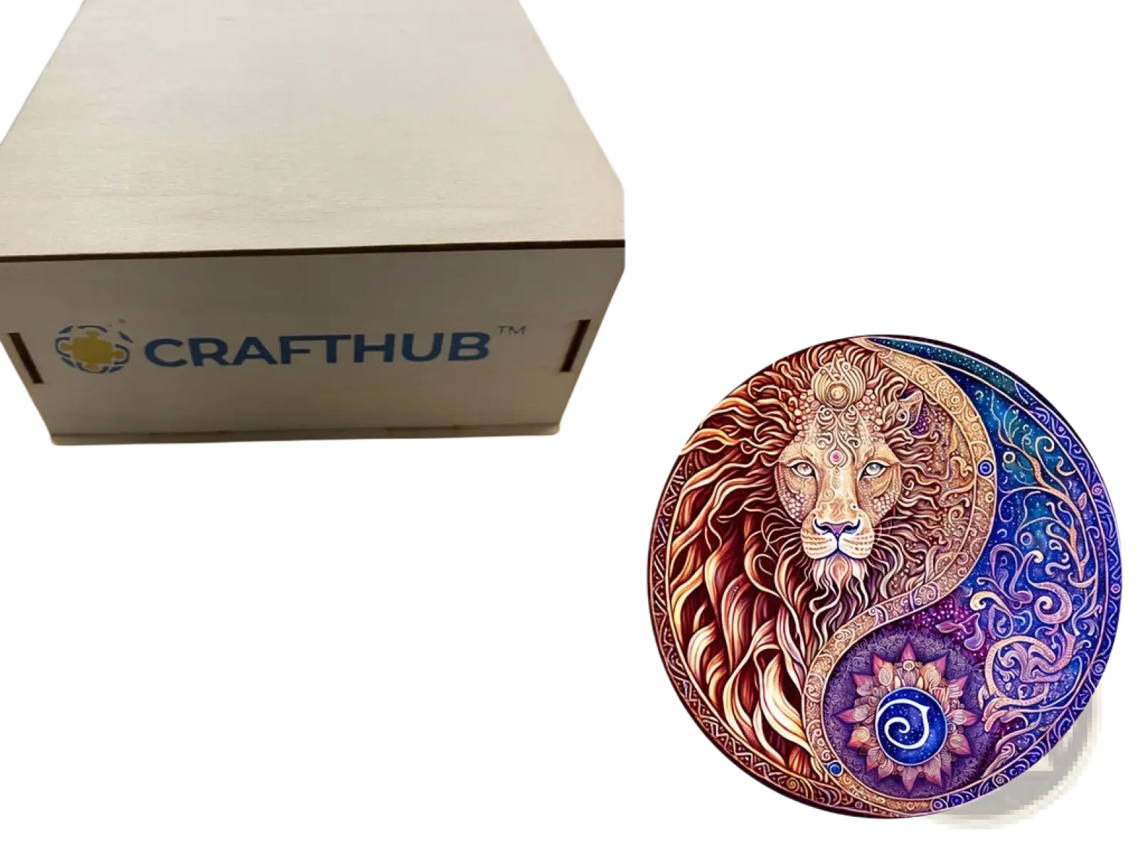 The a3 animal puzzle craft hub features a beige cardboard box and a detailed yin-yang lion artwork in warm reds and golds