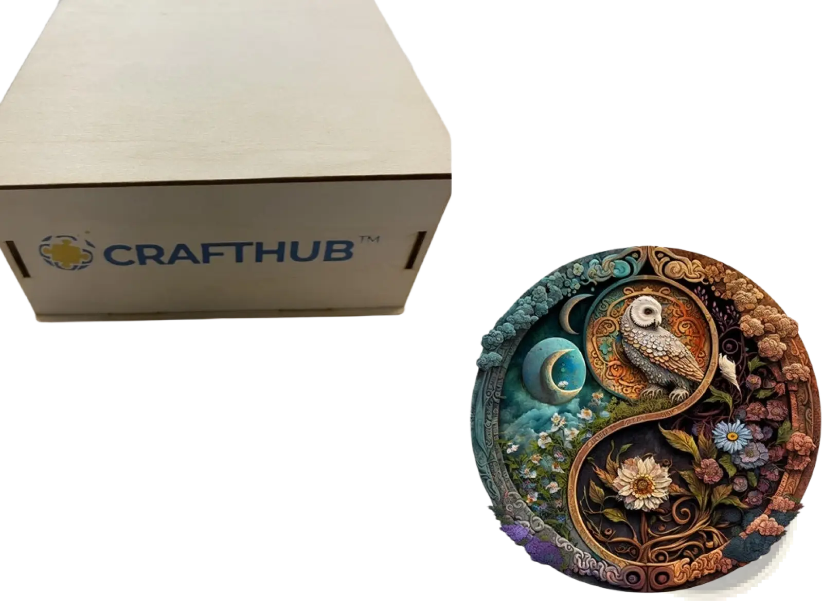 A3 animal puzzle by crafthub featuring a beige wooden box and a detailed white owl zodiac artwork in earthy tones