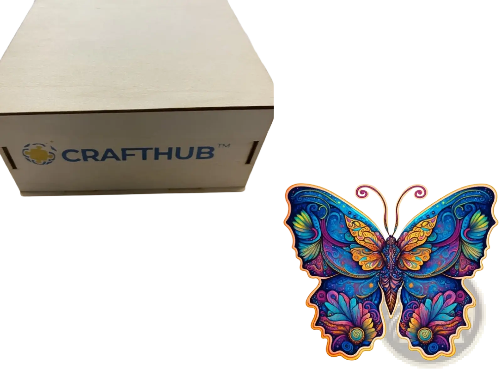 Vibrant a3 animal puzzle craft hub butterfly sticker with swirling psychedelic patterns in blue purple orange and green