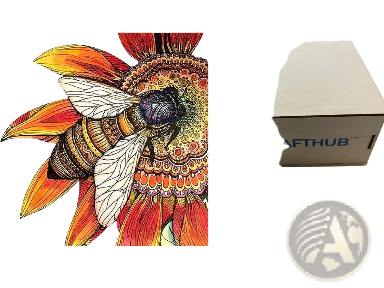 A light wooden crafthub box featuring a vibrant bee illustration for the a3 animal puzzle zodiac psychedelic art craft kit
