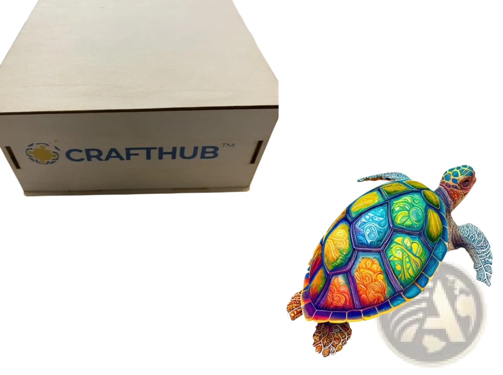 A beige wooden A3 animal puzzle box featuring crafthub logo and colorful psychedelic sea turtle art design