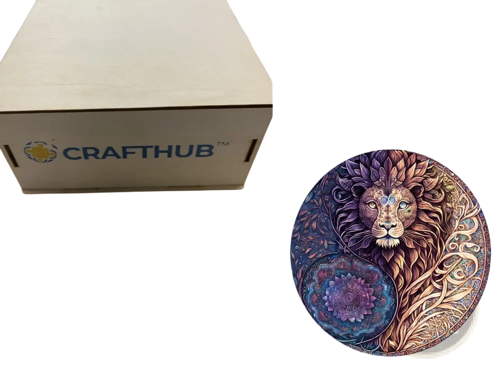 A3 animal puzzle craft hub zodiac lion-themed circular puzzle with yin-yang design in vibrant purple and gold hues