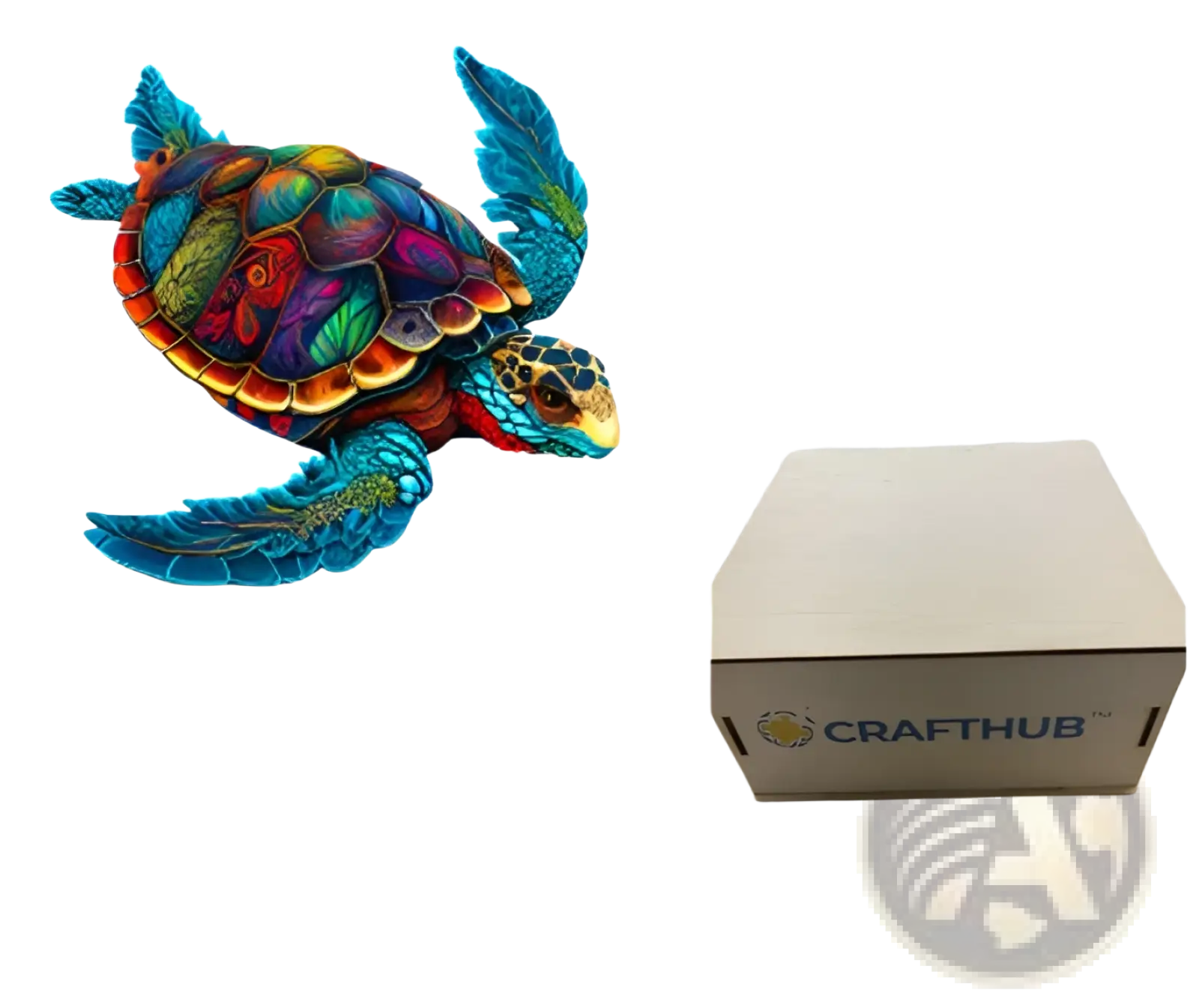 A3 animal puzzle craft hub zodiac featuring a vibrant multicolored sea turtle illustration with intricate patterns and blue flippers