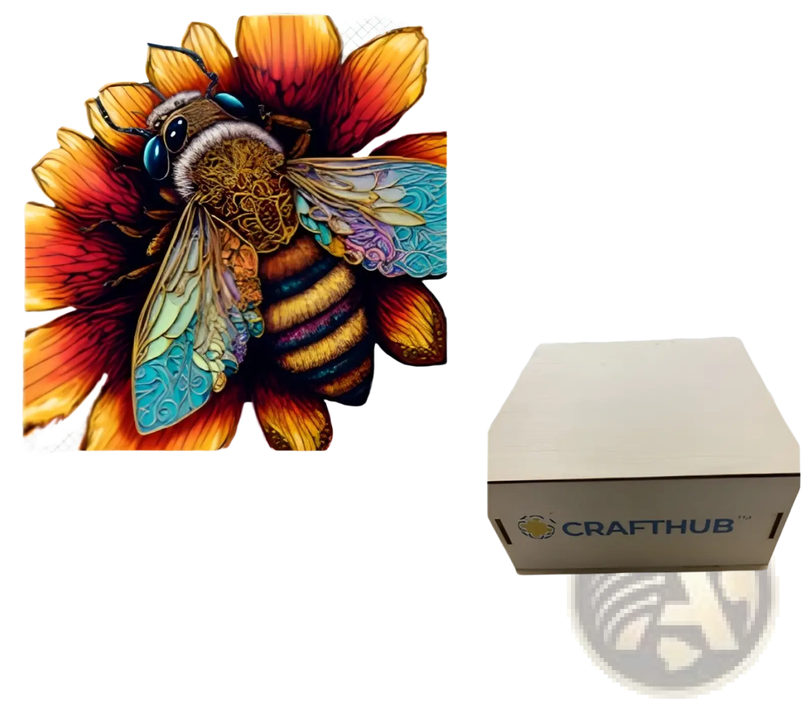 A3 animal puzzle craft hub featuring a vibrant bee with iridescent blue eyes on a fiery orange flower in psychedelic art style