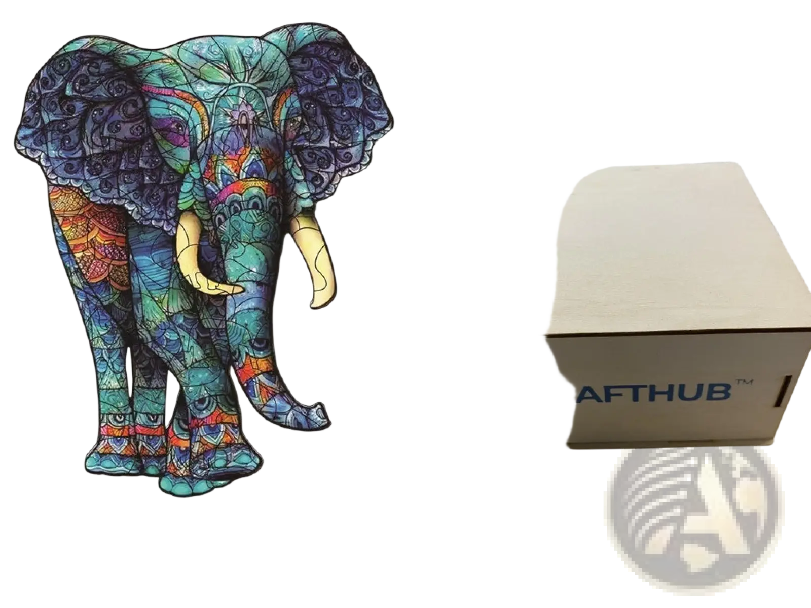 A3 animal puzzle craft hub elephant puzzle piece with teal purple and orange stained glass psychedelic design