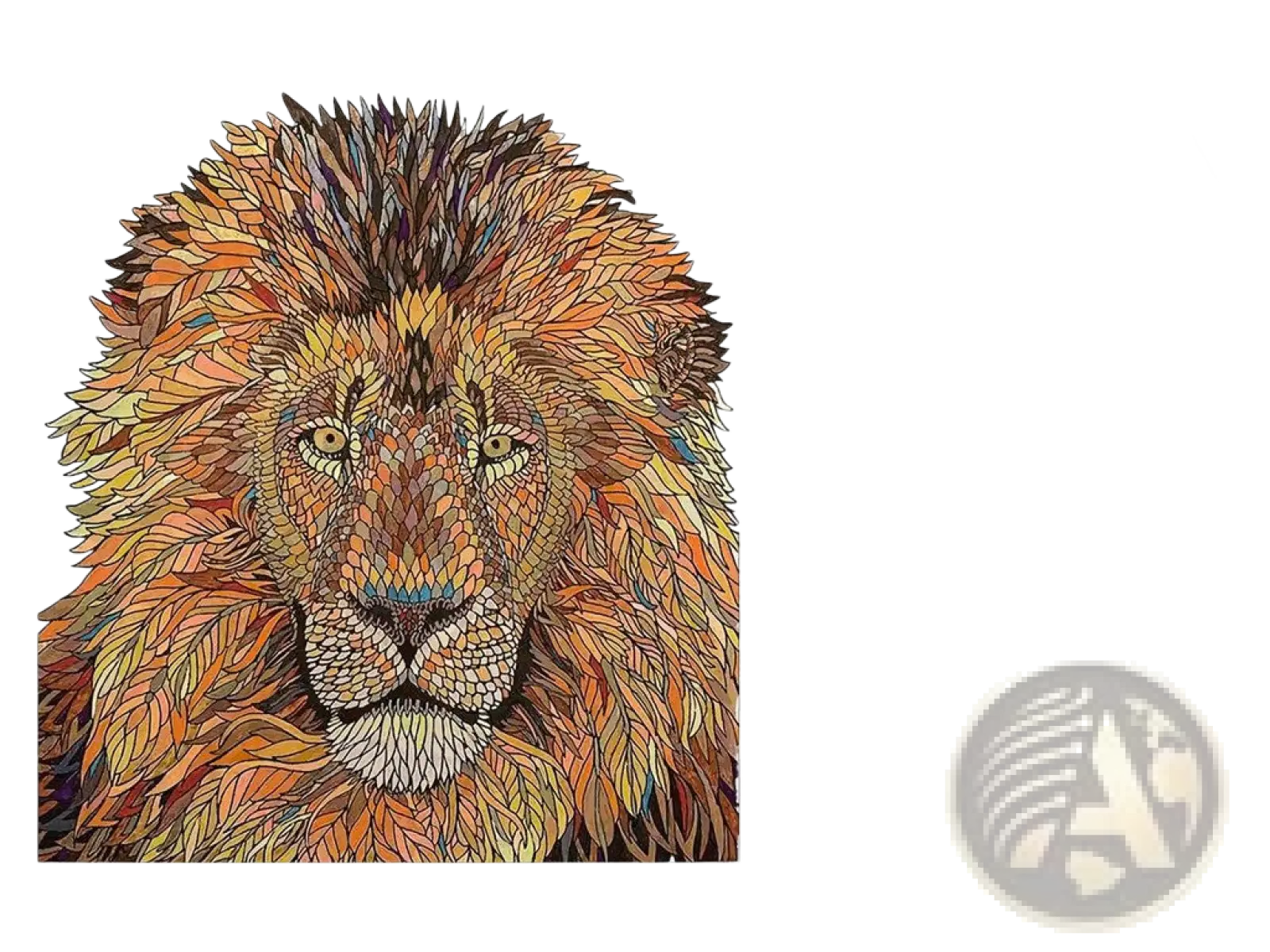 A3 animal puzzle featuring an intricately detailed lion illustration with layered leaf-like patterns in warm orange and brown tones