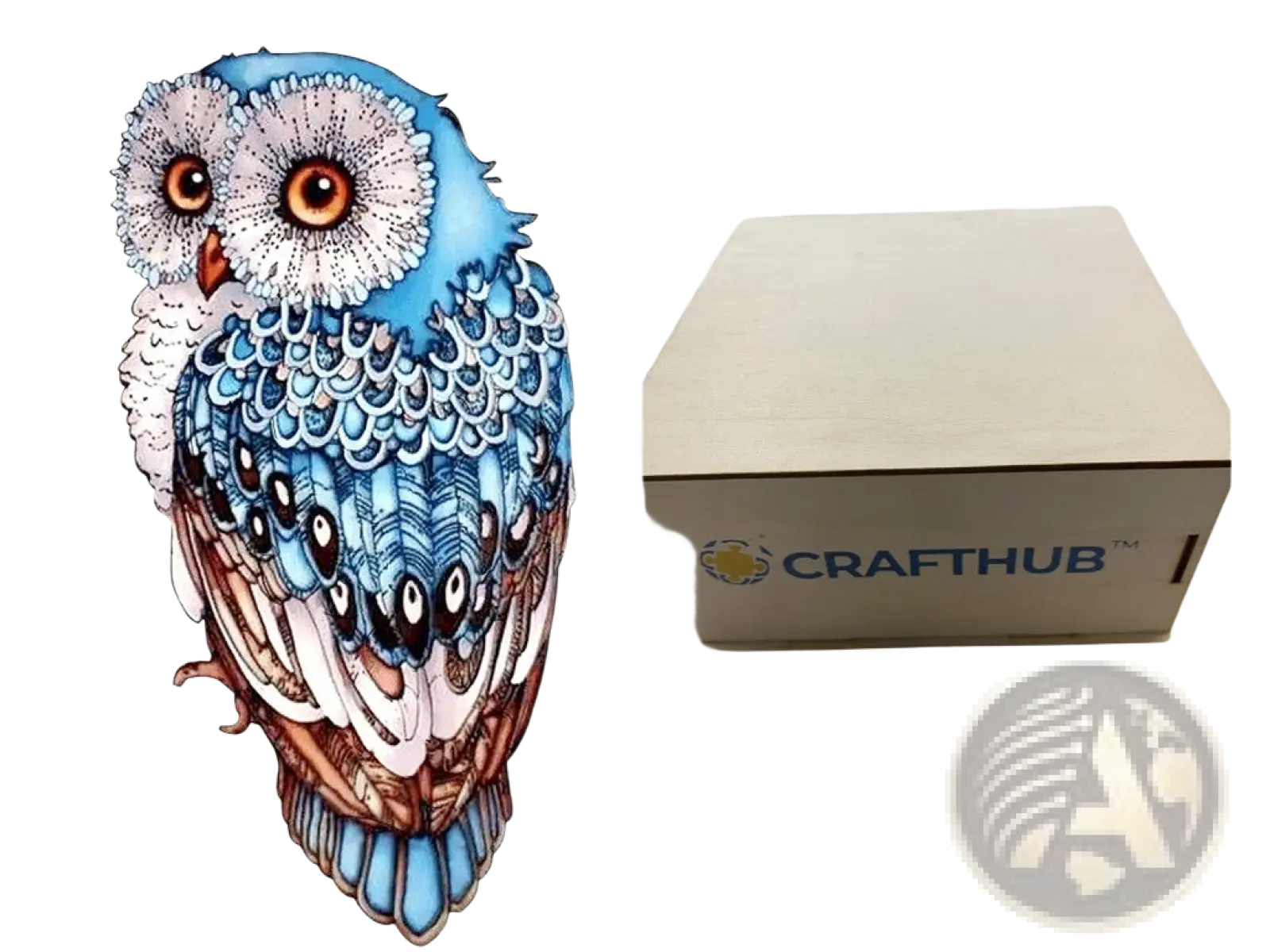 A3 animal puzzle craft hub featuring a blue and white intricately detailed owl illustration zodiac psychedelic art